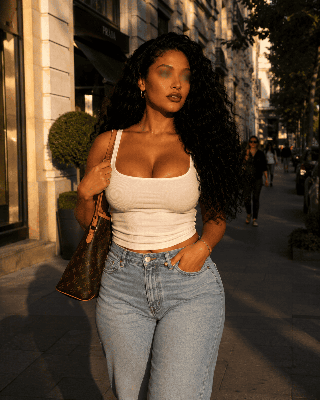 Woman with curly hair in a white tank top and light jeans walks down a sunlit city sidewalk, carrying a brown Louis Vuitton-style bag over her shoulder.