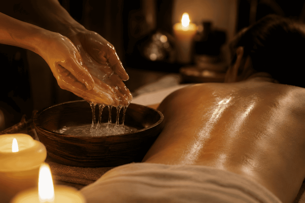 Therapist in gloves pours warm oil into a wooden bowl during a spa massage with candlelight in the background.