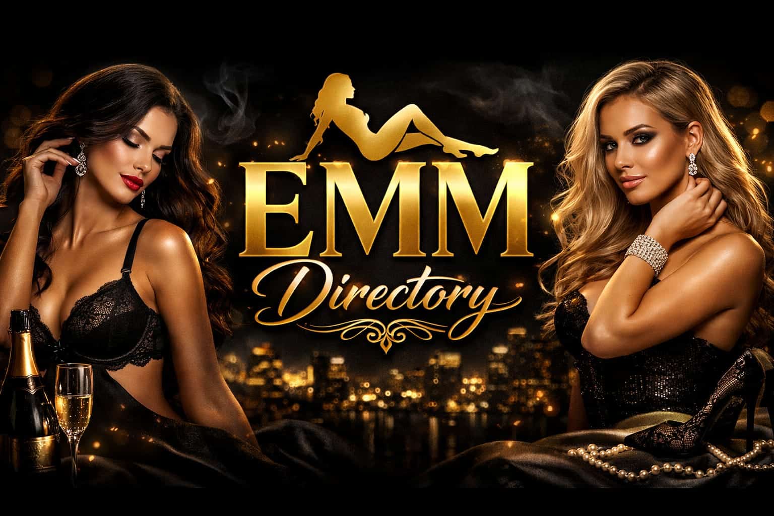 Glamorous banner with two women in black lingerie, champagne bottle, and gold 'EMM Directory' text against city lights.