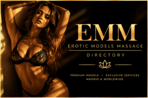 Left shows a woman in black lace lingerie leaning against a gold-framed banner with gold text 'EMM Erotic Models Massage Directory'.